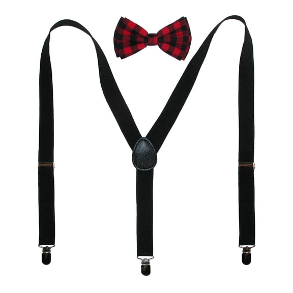 CTM  Buffalo Plaid Bow Tie with Solid Suspender Set (Men)