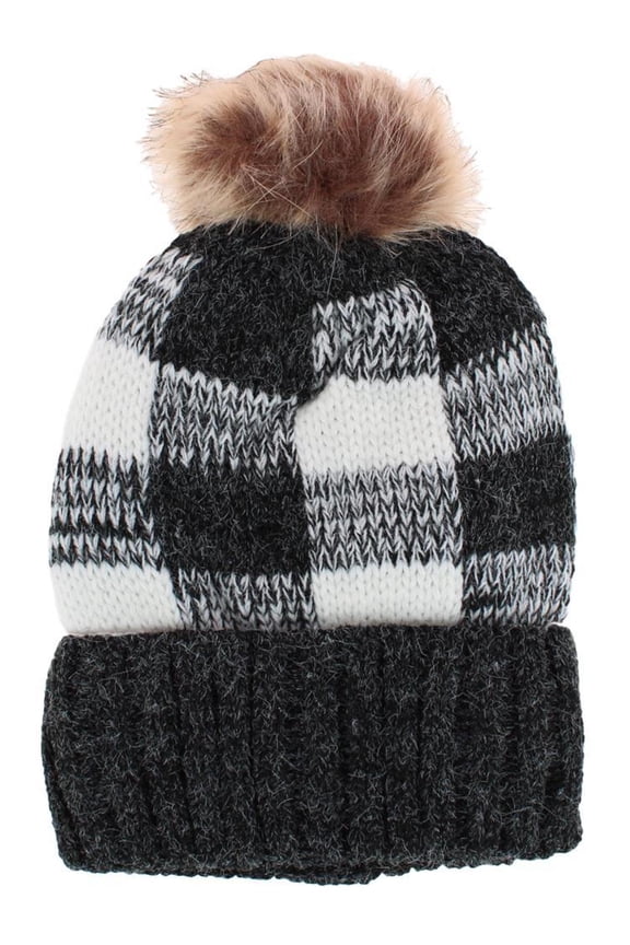 Buffalo Plaid Knit Winter Beanie Hat with Synthetic Pom (Women)