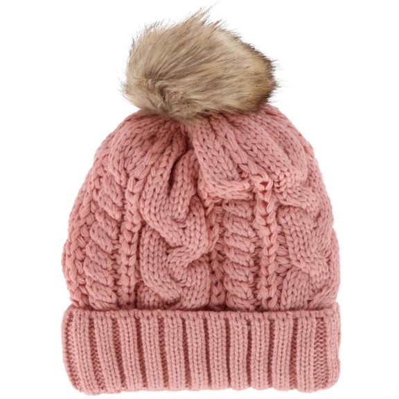 CTM  Cable Knit Lined Winter Beanie with Synthetic Fur Pom (Women)