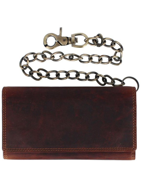 Crazy Horse Leather Long Trifold Checkbook Chain Wallet (Men)