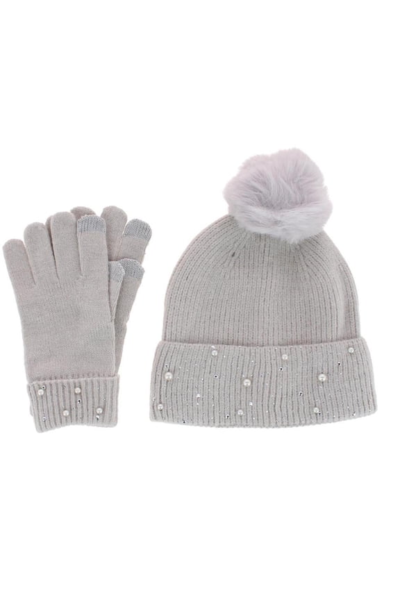 Embellished Knit Winter Beanie and Touchscreen Glove Set (Women)
