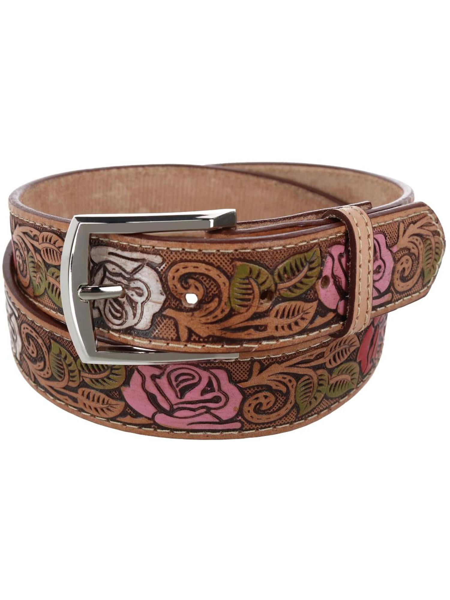 CTM Leather Western Belt - Floral Embossed, 1 3/8" Wide, Removable Buckle, Size 38, Red