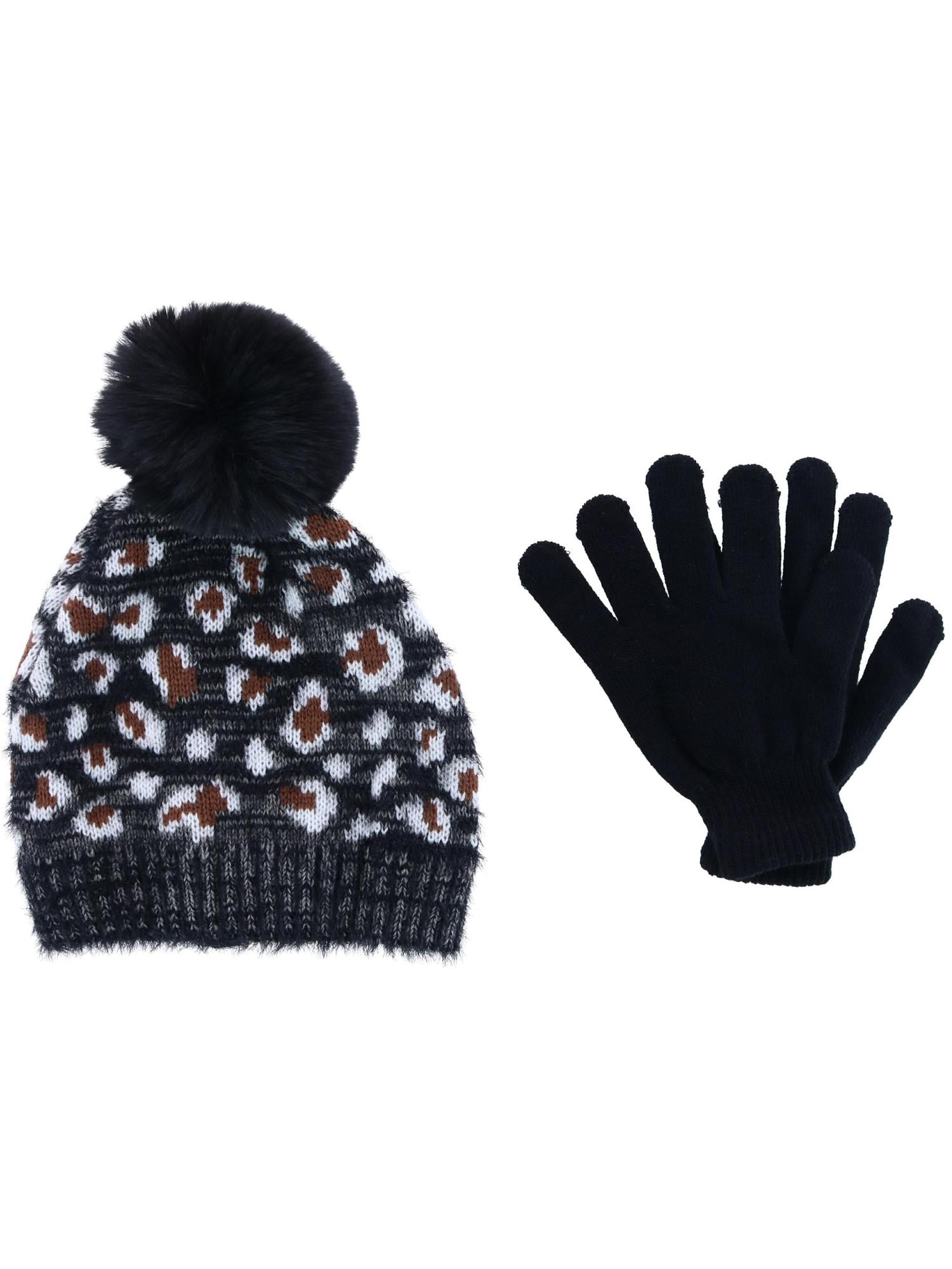 CTM Girl's 7-14 Leopard Print Winter Pom Hat and Glove Set by Connex ...