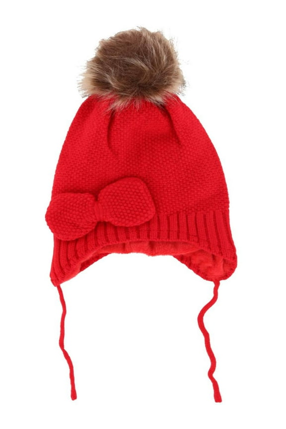 Girl's One Size Fits Most Knit Winter Beanie with Pom Bow and Ear Flaps