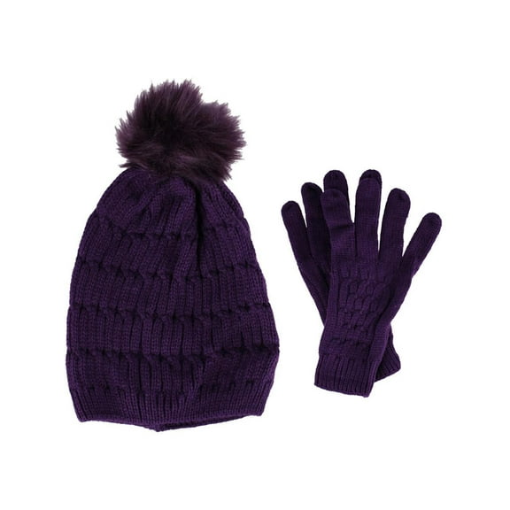 CTM Knit Beanie Hat with Pom and Matching Gloves Set (Women)