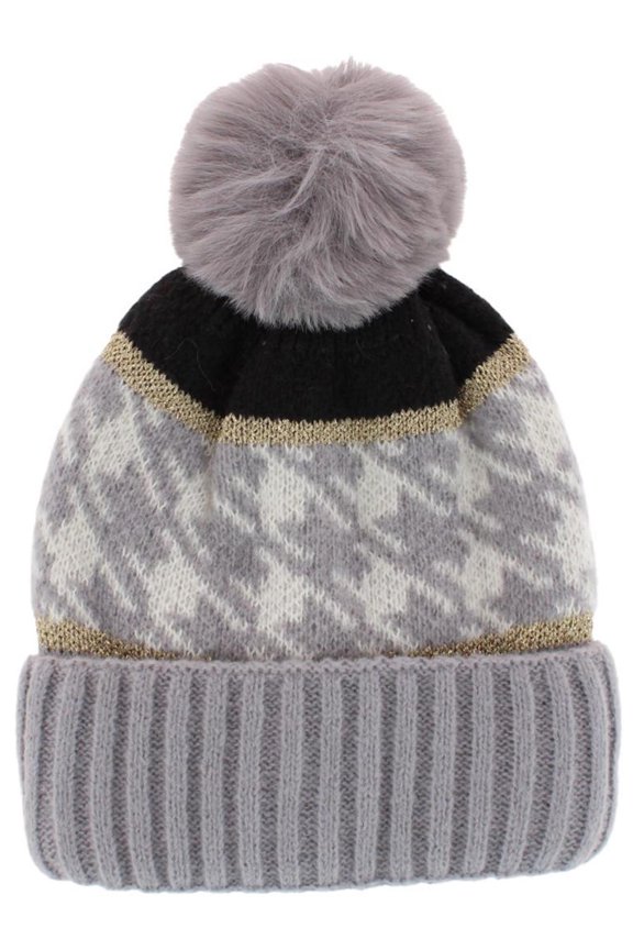 Knit Houndstooth Pattern Winter Beanie Hat with Pom (Women)