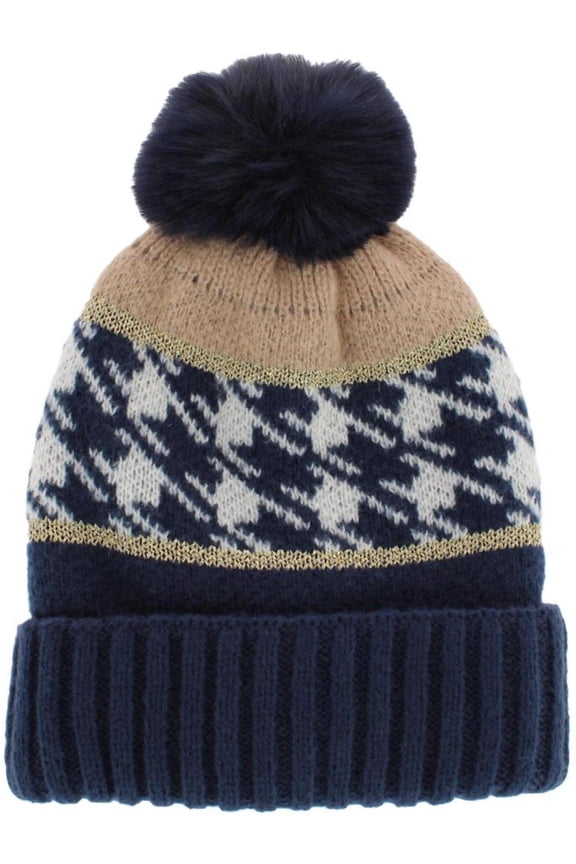Knit Houndstooth Pattern Winter Beanie Hat with Pom (Women)