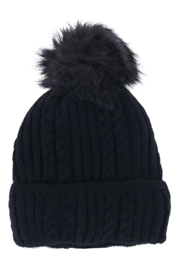 Knit Winter Beanie with Cuff and Synthetic Fur Pom (Women)