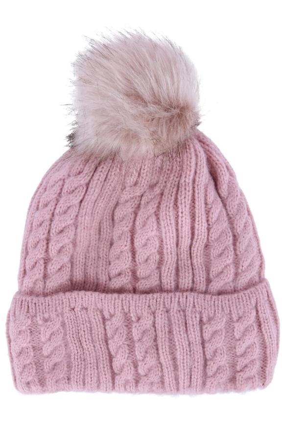 Knit Winter Beanie with Cuff and Synthetic Fur Pom (Women)