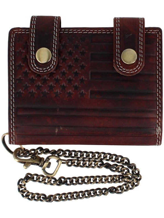 Leather American Flag Bifold Chain Wallet with Snap Closure (Men)