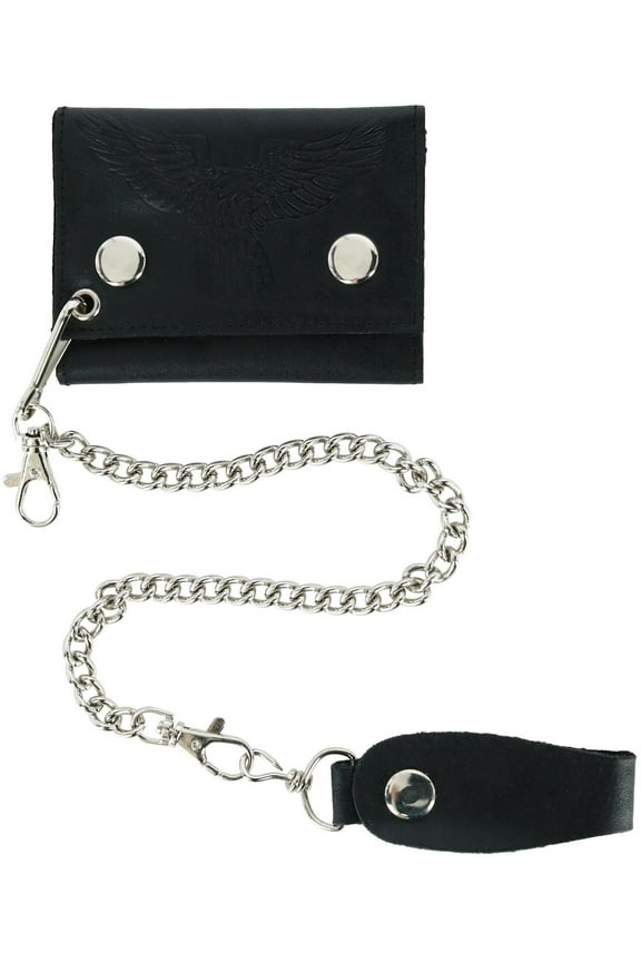 Leather Eagle Print Trifold Double Snap Chain Wallet (Men)