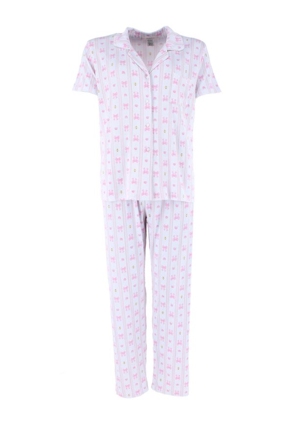 Notched Collar Bow Striped Pajama Set by Gabriella (Women)