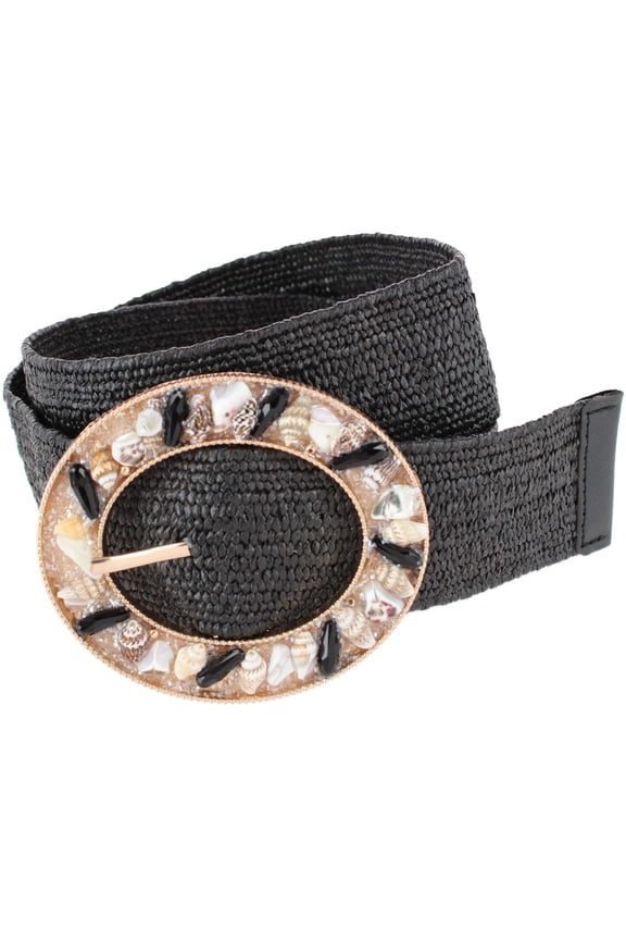 One Size Raffia Stretch Belt with SeaShell Buckle (Women)