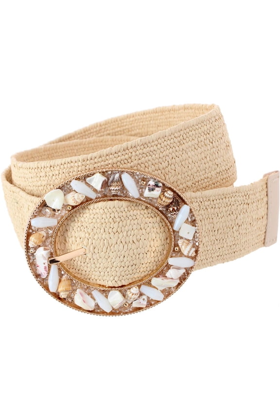 One Size Raffia Stretch Belt with SeaShell Buckle (Women)