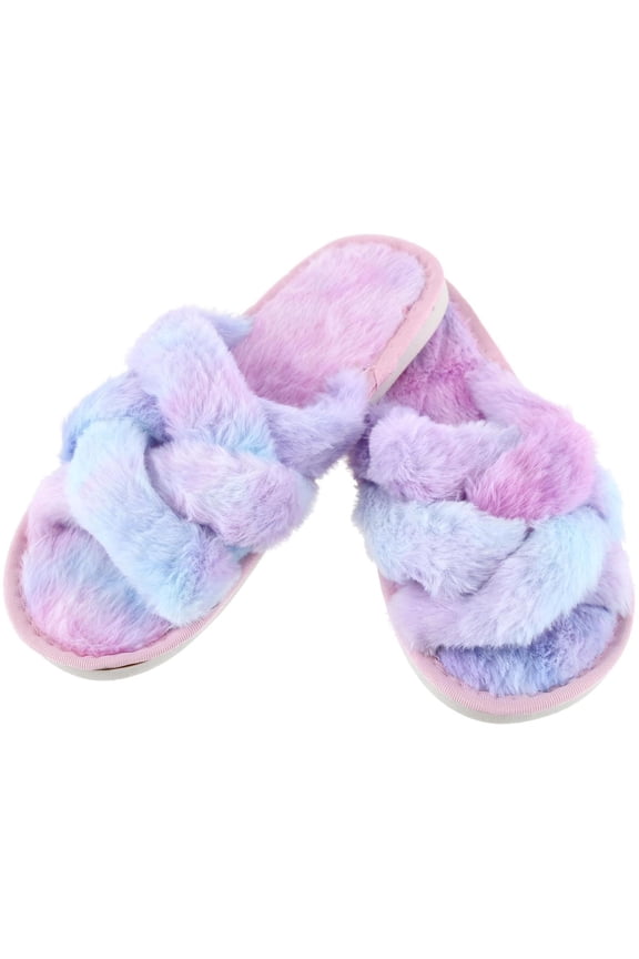 Open Toe Cross Band Fur Slide Slippers (Women)