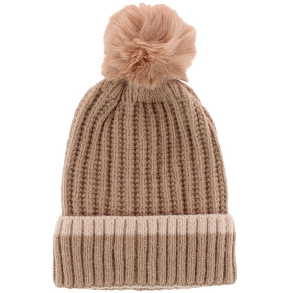CTM Ribbed Knit Stripe Winter Beanie Hat with Pom (Women)