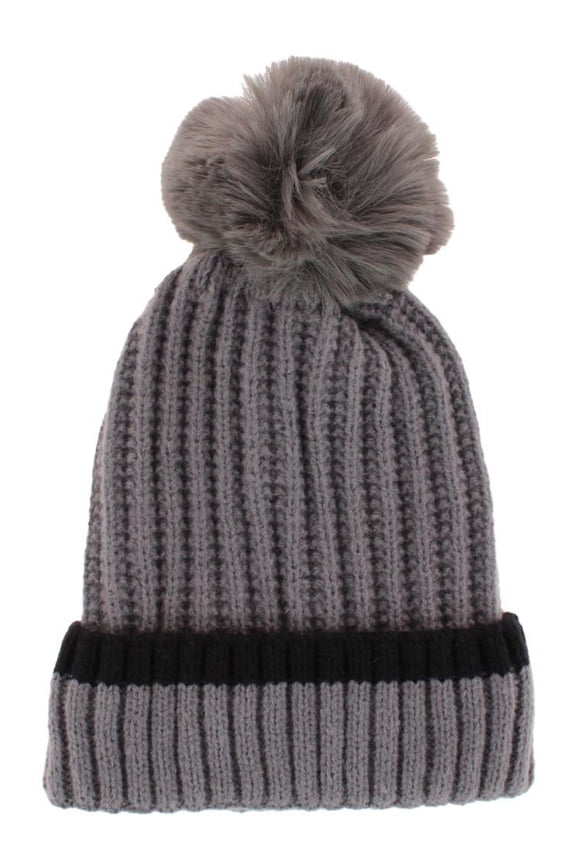 Ribbed Knit Stripe Winter Beanie Hat with Pom (Women)