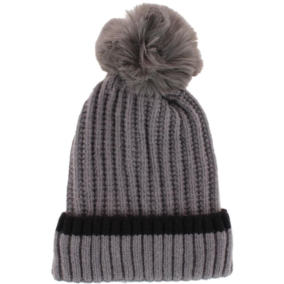 CTM Ribbed Knit Stripe Winter Beanie Hat with Pom (Women)