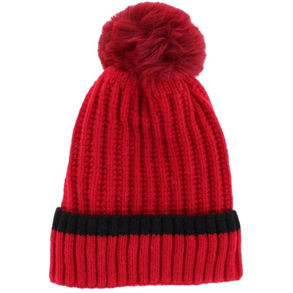 CTM Ribbed Knit Stripe Winter Beanie Hat with Pom (Women)