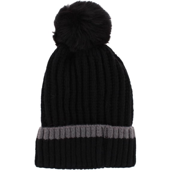 CTM Ribbed Knit Stripe Winter Beanie Hat with Pom (Women)