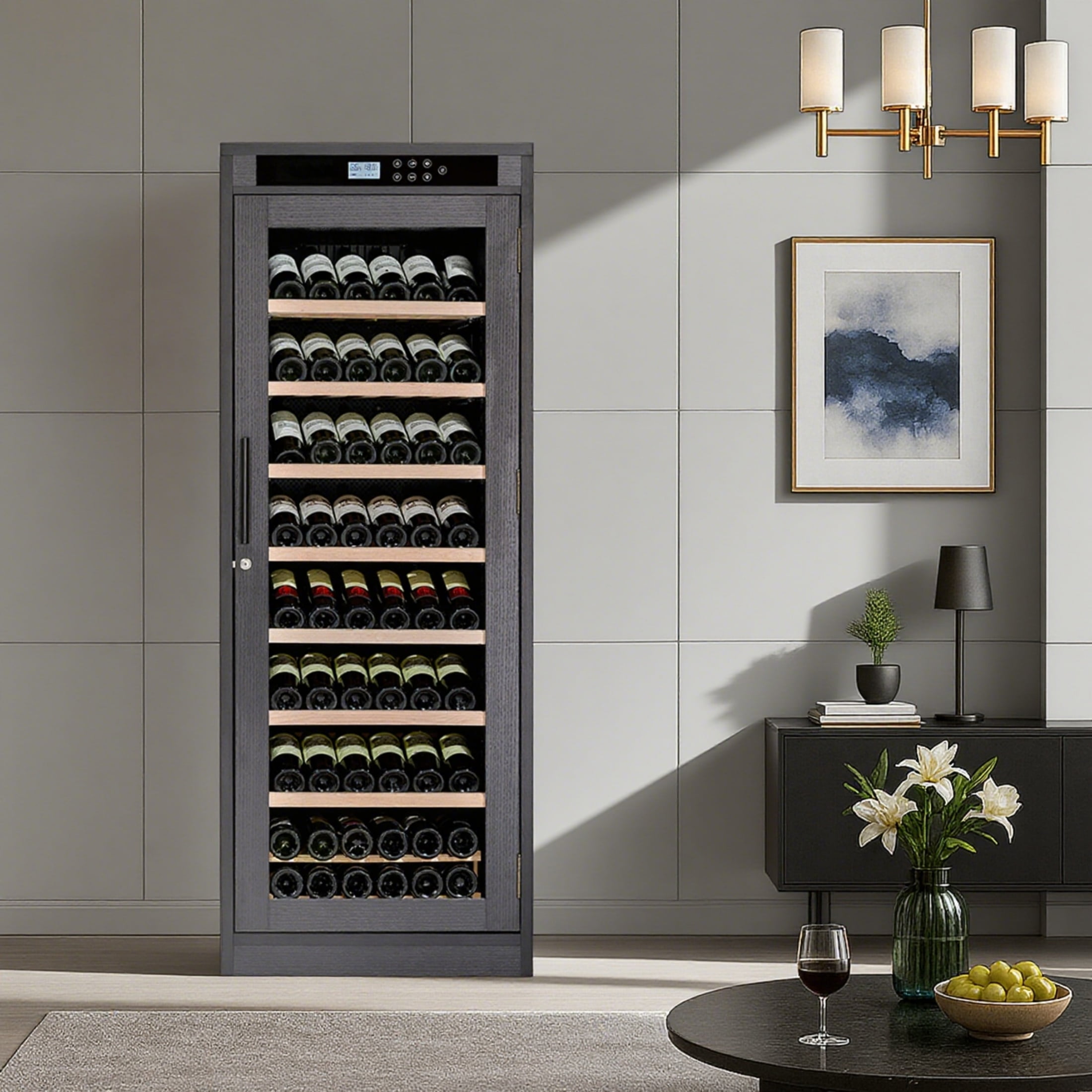 CTOSPOATO 102 Bottle Wine Cellars,Black Wood Wine Cabinet with Intelligent Temperature & Humidity Control,Double-Layer Insulated Glass Door,Compressor Cooling for Home Bar,Kitchen,Living Room