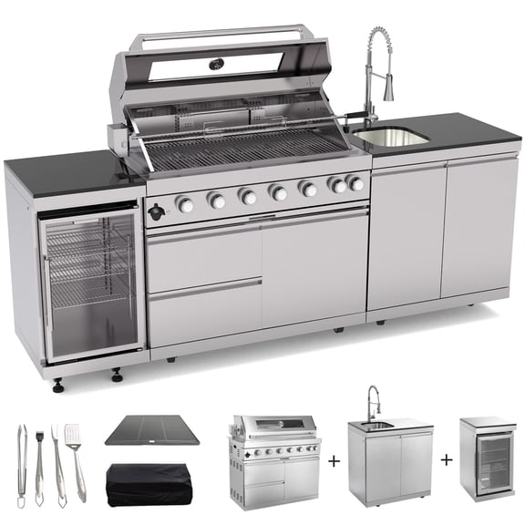 CTOSPOATO 43-Inch 6-Burner 85000 BTU Gas Grill Island - Outdoor Kitchen w/ Compact Fridge,Wine Cooler,Rotisserie,Granite Countertops & Storage Cabinets,Silver