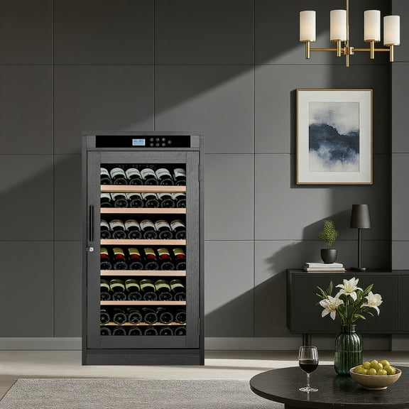 CTOSPOATO 69 Bottle Wine Cooler,Compressor Wine Cabinet with LED Touch Screen,Constant Temperature & Humidity Control,Double-Layer Tempered Glass,Black Wood for Home Bar,Kitchen,Black