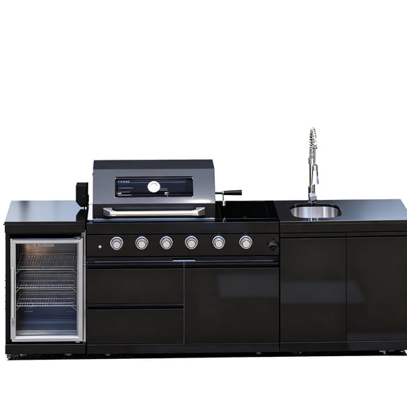 CTOSPOATO 98-Inch Outdoor Kitchen Island,4-Burner 72000 BTU Propane Gas BBQ Grill,Features Granite Countertop,Stainless Steel Sink,Rotisserie Kit & Compact Refrigerator