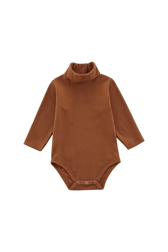 Baby Turtleneck Bodysuit Long Sleeve Solid Color Ribbed Cotton Outfits for Baby Boys Girls 3-18 Months Brown 12-18 Months