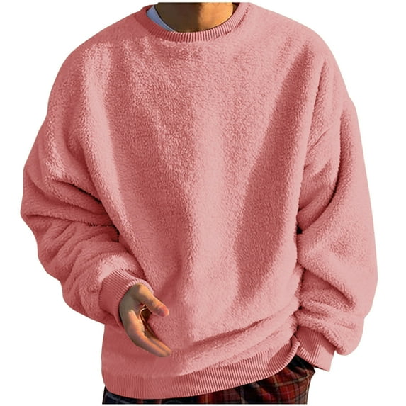 CTPDG Fashion Fleece Sweatshirts for Men Loose Casual Soft Warm Comfortable Crewneck Long Sleeve Sweatshirt Pullover Plain Fuzzy Sweaters Pink XXXXL