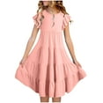 thumbnail image 1 of CTPDG Fashion Girls' Summer New Short Sleeve Ruffled Pockets Round-Neck Solid Dress Pink 6 Years, 1 of 7