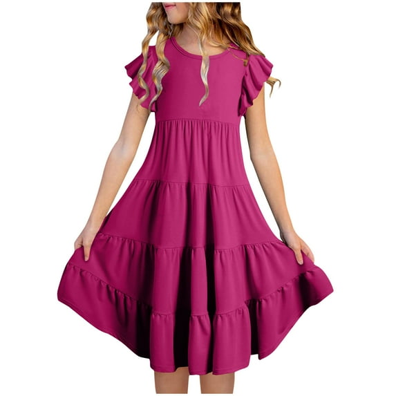 CTPDG Fashion Girls' Summer New Short Sleeve Ruffled Pockets Round-Neck Solid Dress Wine 8 Years