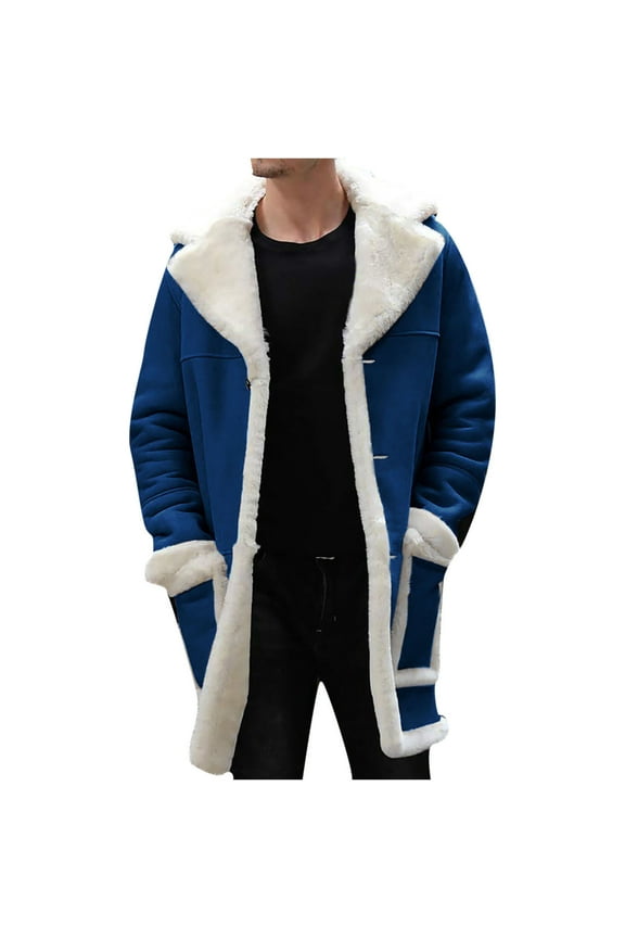 Fashion Sherpa Lined Long Jacket Men Faux Leather Jacket Turndown Collar Long Trench Coats Winter Warm Fleece Coat Blue XXL