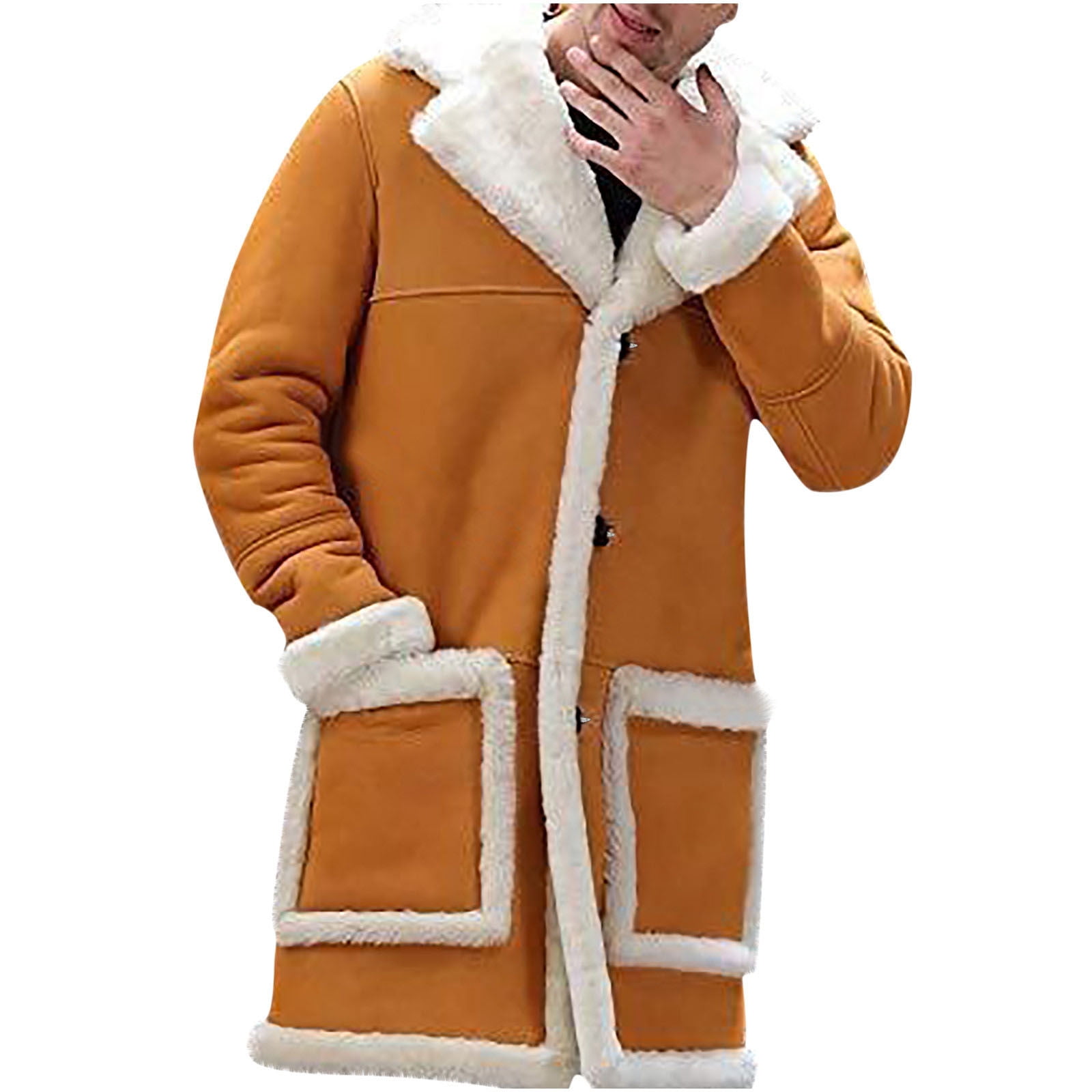 CTPDG Fashion Sherpa Lined Long Jacket Men Faux Leather Jacket Turndown Collar Long Trench Coats Winter Warm Fleece Coat Yellow XXXXXL