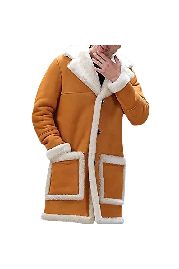 Fashion Sherpa Lined Long Jacket Men Faux Leather Jacket Turndown Collar Long Trench Coats Winter Warm Fleece Coat Yellow XXXXXL