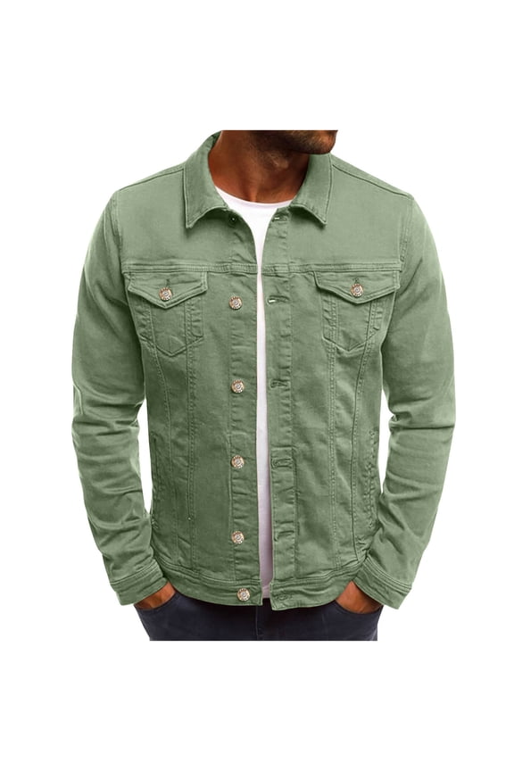 Jean Jacket for Men Fashion Turn-Down Collar Denim Jacket Washed Classic Casual Distressed Ripped Slim Fit Trucker Jacket Army Green M