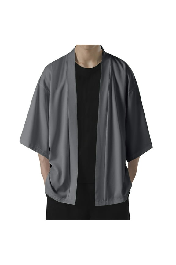 Men's Cotton Linen Shirt Summer Kimono Cardigan Japanese Jackets Casual Loose Open Front Lightweight Linen Solid Color Coat Dark Gray XXXL