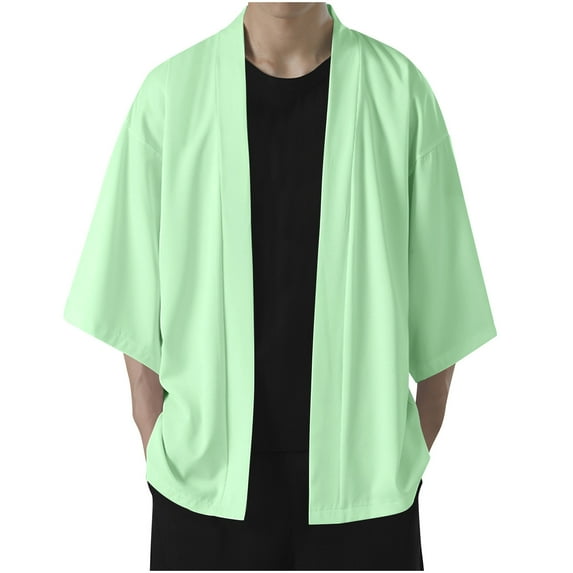 CTPDG Men's Cotton Linen Shirt Summer Kimono Cardigan Japanese Jackets Casual Loose Open Front Lightweight Linen Solid Color Coat Green M