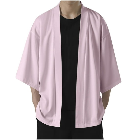 CTPDG Men's Cotton Linen Shirt Summer Kimono Cardigan Japanese Jackets Casual Loose Open Front Lightweight Linen Solid Color Coat Pink XXL