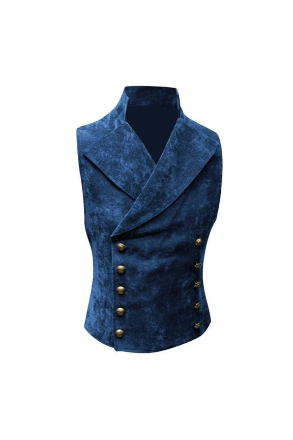 Men's Fashion Classic Vest Slim Fit Stand Collar Steampunk Gothic Double Breasted Waistcoat Regular Size Casual Coat Blue XL