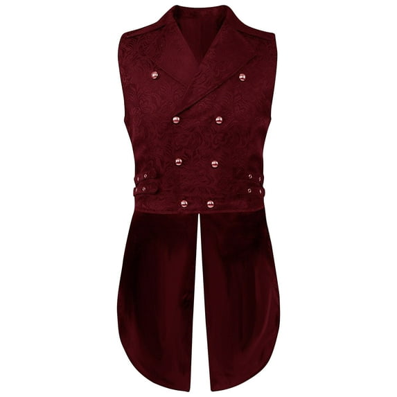 CTPDG Men's Gothic Long Vest Clothing Medieval Court Vests Retro Tailcoat Slim Fit Vest Sleeveless Solid Color Casual Lapel Jacket Red XXL