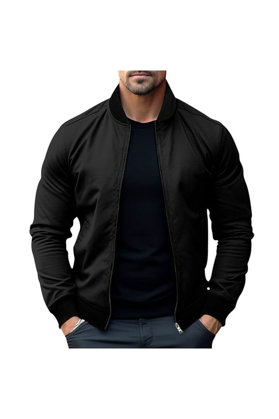 Men's Lightweight Bomber Jackets Light Track Jackets Full Zip Slim Fit Long Sleeve Outwear Crop Elasticity Cardigan Black L
