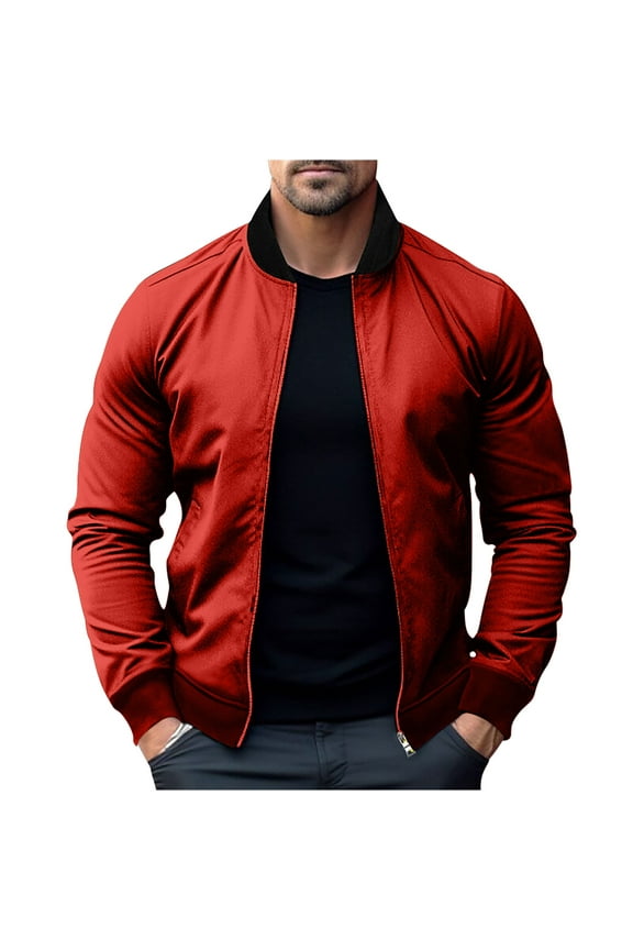 Men's Lightweight Bomber Jackets Light Track Jackets Full Zip Slim Fit Long Sleeve Outwear Crop Elasticity Cardigan Red S