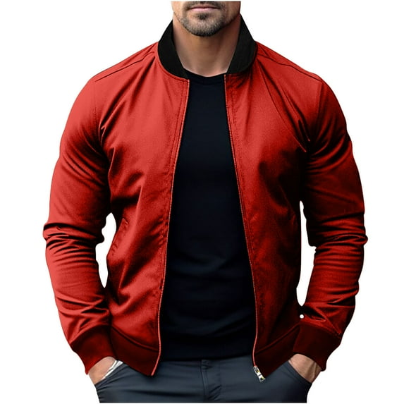 CTPDG Men's Lightweight Bomber Jackets Light Track Jackets Full Zip Slim Fit Long Sleeve Outwear Crop Elasticity Cardigan Red XXXL