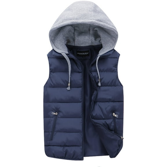 CTPDG Men's Puffer Vest Zip up Quilted Padded Winter Warm Cotton Comfortable Sleeveless Hooded Vest Gilet Jacket Solid Color Outerwear Vest Blue XXL