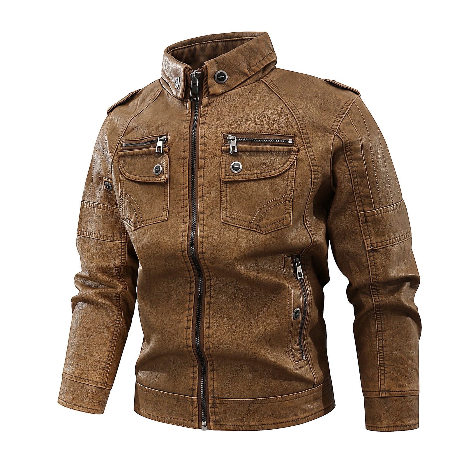 CTPDG Men's Solid Color Leather Motorcycle Jacket Fashion Vintage