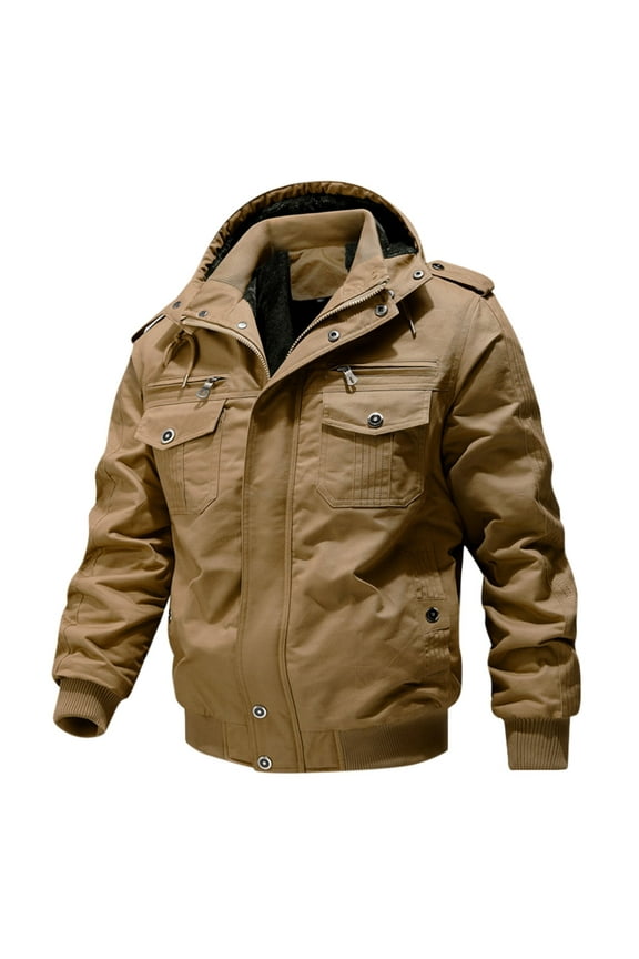 Men's Thick Thermal Winter Jacket with Multi Pockets Zip Front Fleece Lined Military Jacket Casual Solid Color Long Sleeve Hooded Coat Khaki XXXXXXL