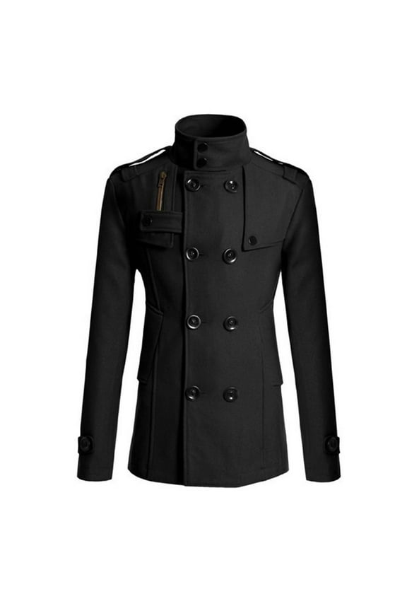 Mens Business Casual Pea Coat Solid Color Turndown Collar Double Breasted Wool Blend Coat Slim Fit Trench Coats Dress Overcoat Black M