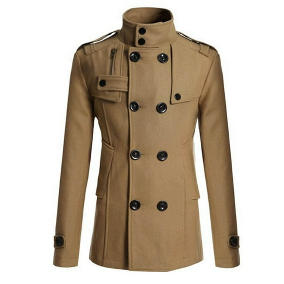 CTPDG Mens Business Casual Pea Coat Solid Color Turndown Collar Double Breasted Wool Blend Coat Slim Fit Trench Coats Dress Overcoat Khaki L