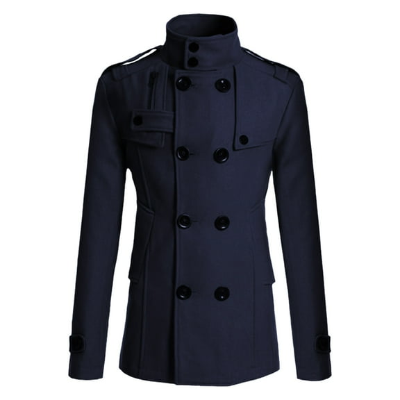 CTPDG Mens Business Casual Pea Coat Solid Color Turndown Collar Double Breasted Wool Blend Coat Slim Fit Trench Coats Dress Overcoat Navy M